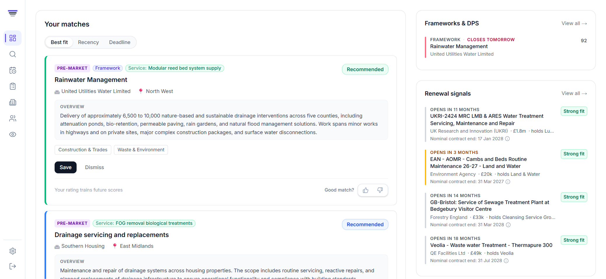 The real BidSkim dashboard: matched opportunities scored for fit, with framework and renewal-timing signals in the right rail